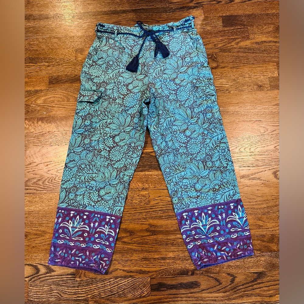 Sundance Boho Floral Block Print Tassel Drawstring Pants Medium Resort Style - Picture 2 of 9